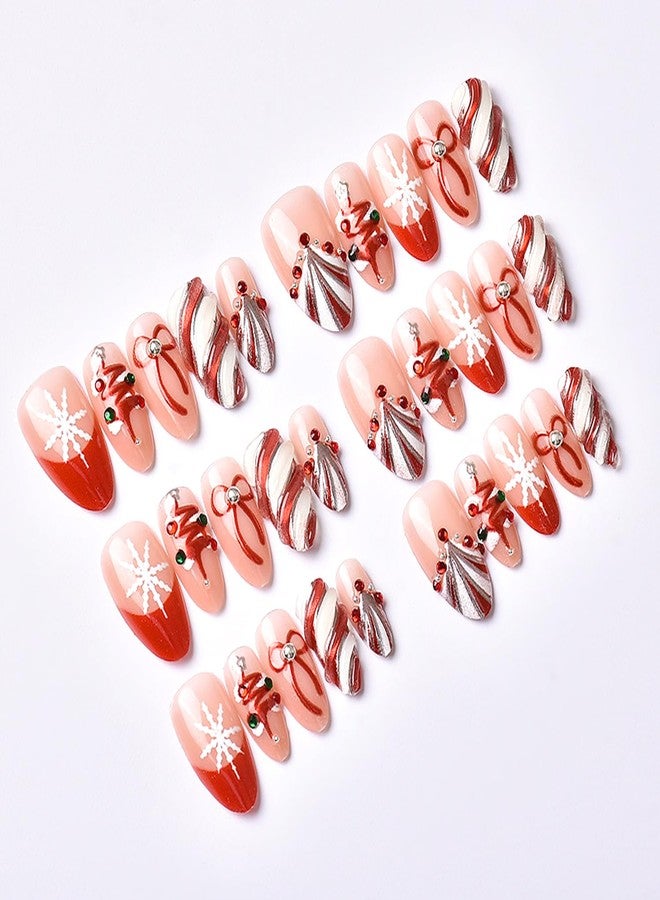 YKZFUI 30Pcs Handmade Christmas Press on Nails Medium Almond Fake Nails with 3D Rhinestones Jewelry Design Red French False Nails Cute Bow & Snow Full Cover Shiny Stripes Artificial Acrylic Nails for Women - Image 4
